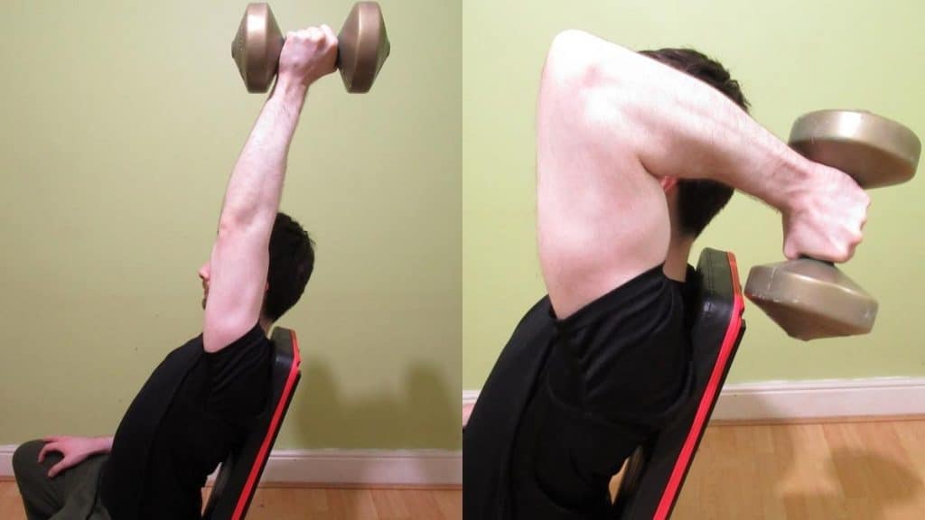 A man doing a one arm overhead DB tricep extension