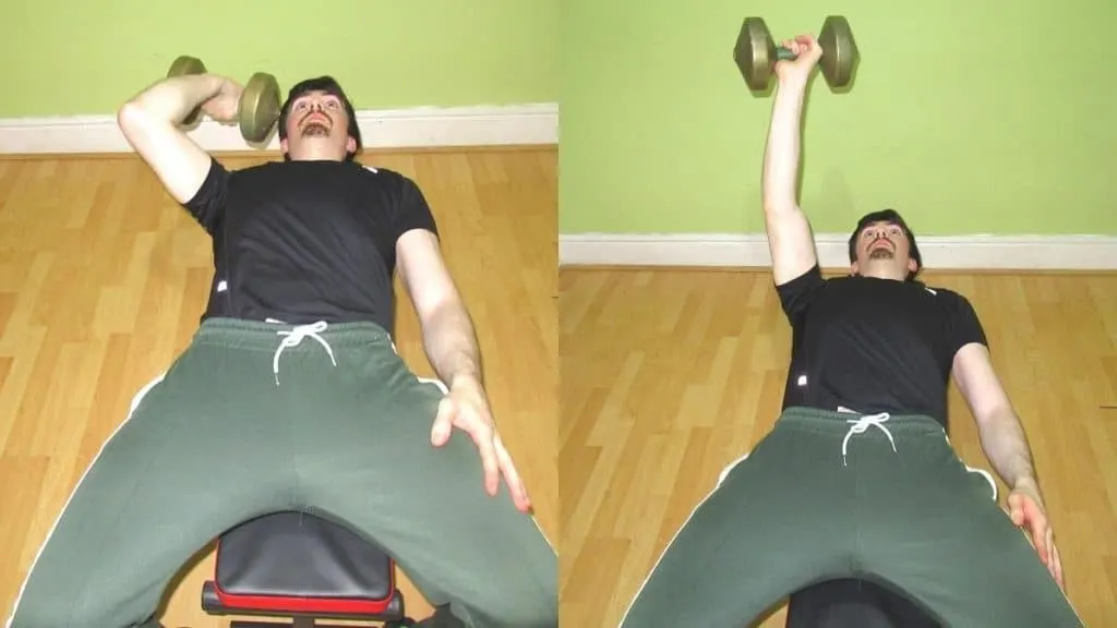 A man doing a one arm pronated skull crusher with a single dumbbell