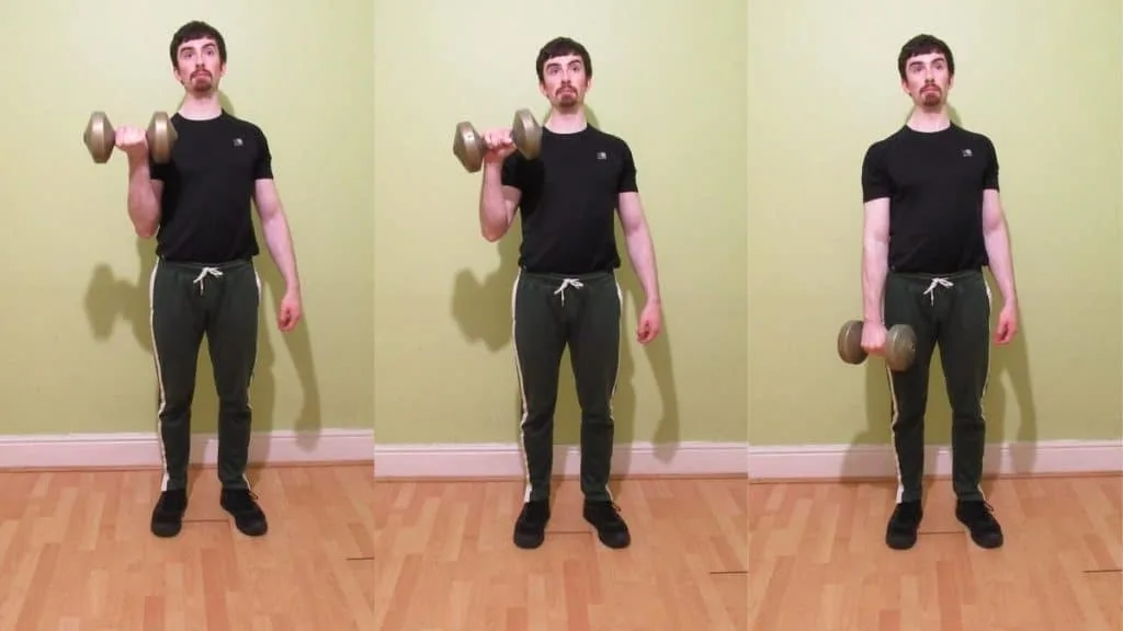 A man doing a single arm standing Zottman curl