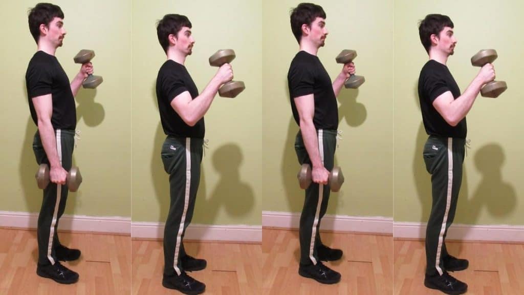 A man doing one one two hammer curls