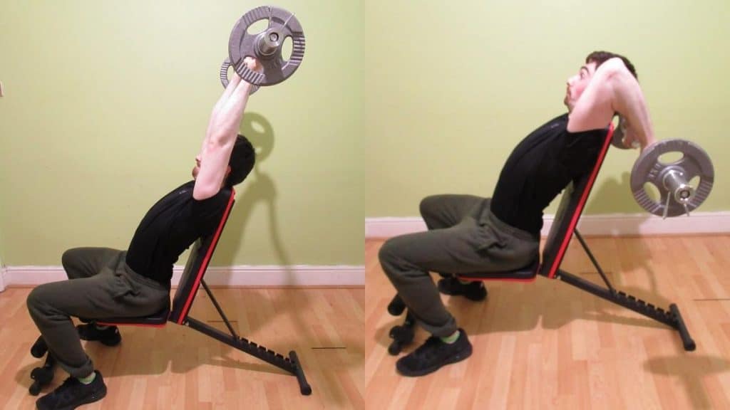 A man doing an overhead seated barbell extension for his triceps
