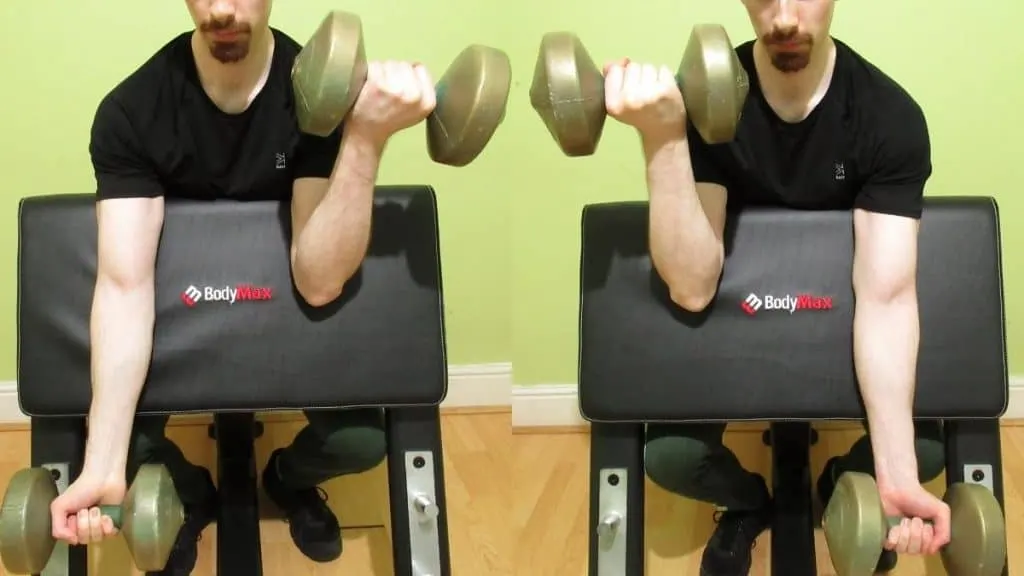 A man performing preacher alternating curls