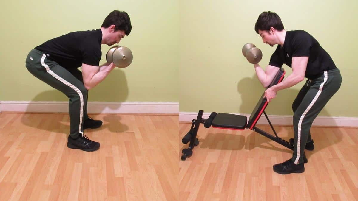 A man demonstrating some preacher curl alternatives and substitutes at home