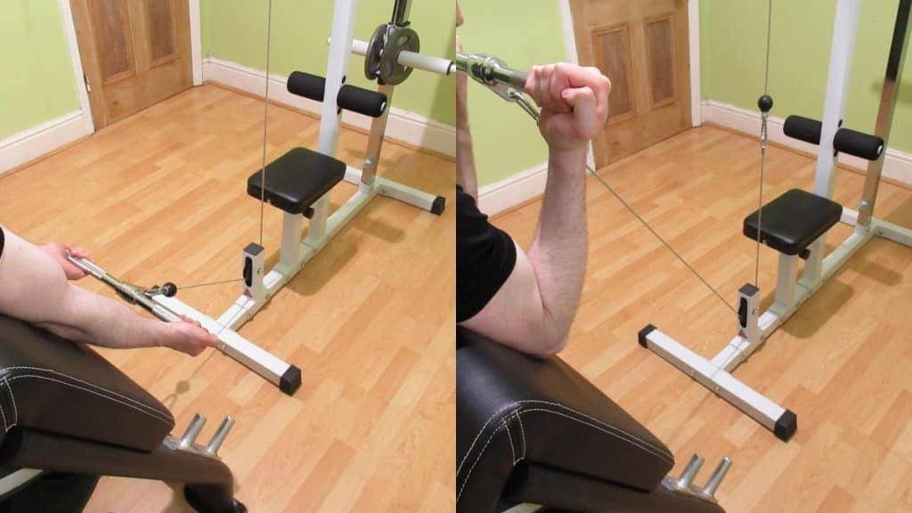 A man doing a preacher curl with the cable machine