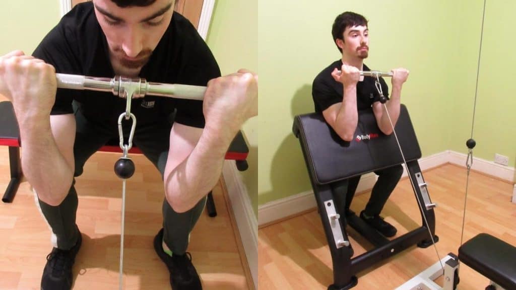 A weight lifter showing that you can do a preacher curl or concentration curl to build your biceps
