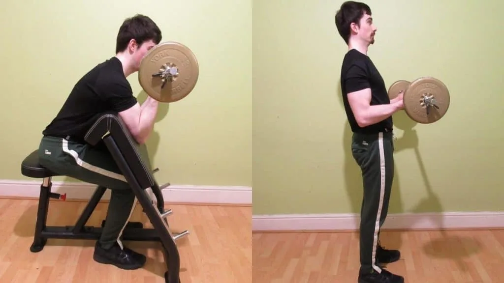 A man performing a preacher curl vs barbell curl comparison