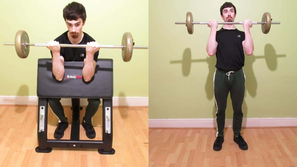 A man performing a preacher curl vs bicep curl comparison to show the differences