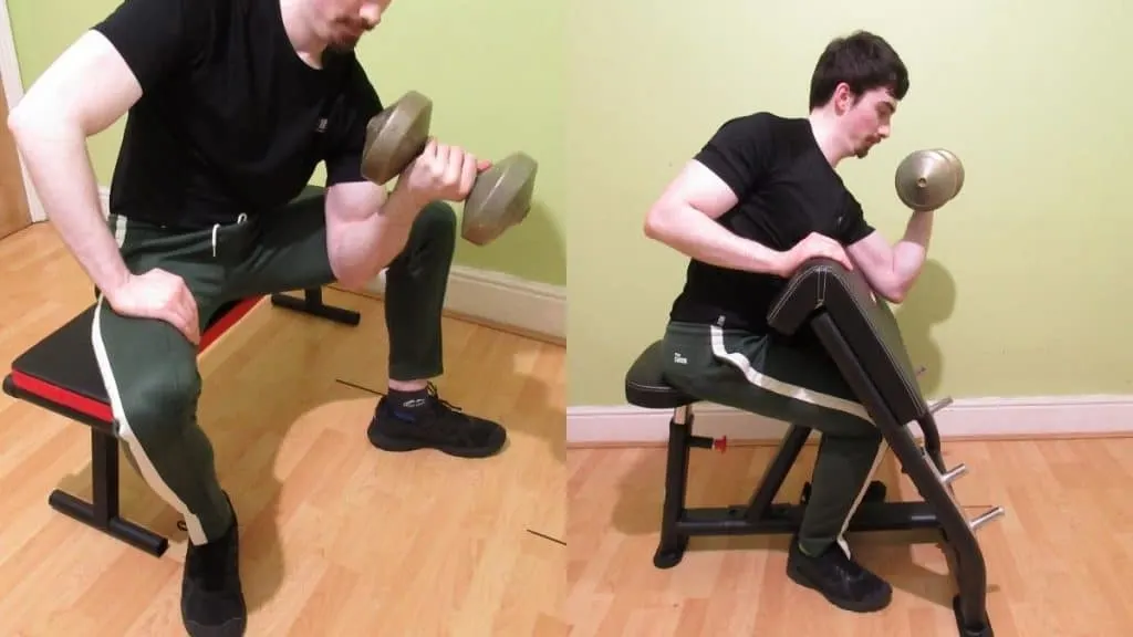 A man performing a preacher curl vs concentration curl comparison