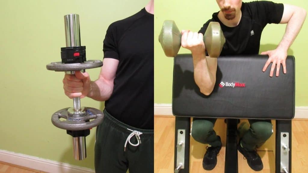 A man performing a side by side preacher curl vs hammer curl comparison