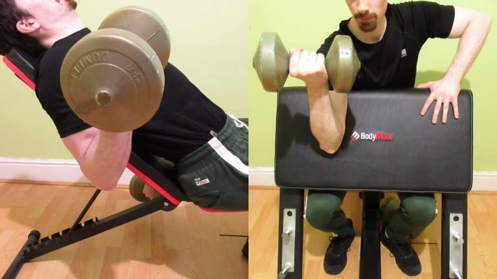 A weight lifter comparing a preacher curl with an incline curl