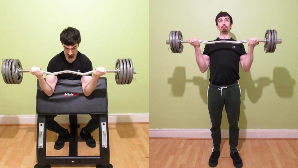 A weight lifter doing a side by side preacher curl vs regular curl comparison