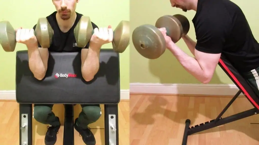 A man performing a preacher curl vs spider curl comparison