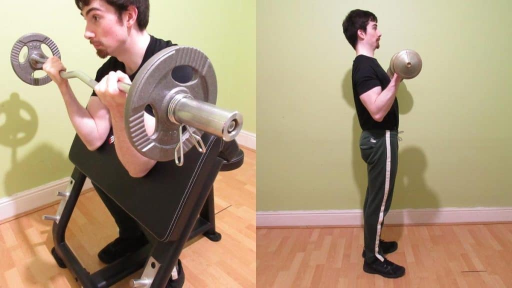 A weight lifter performing a side by side preacher curl vs standing curl comparison