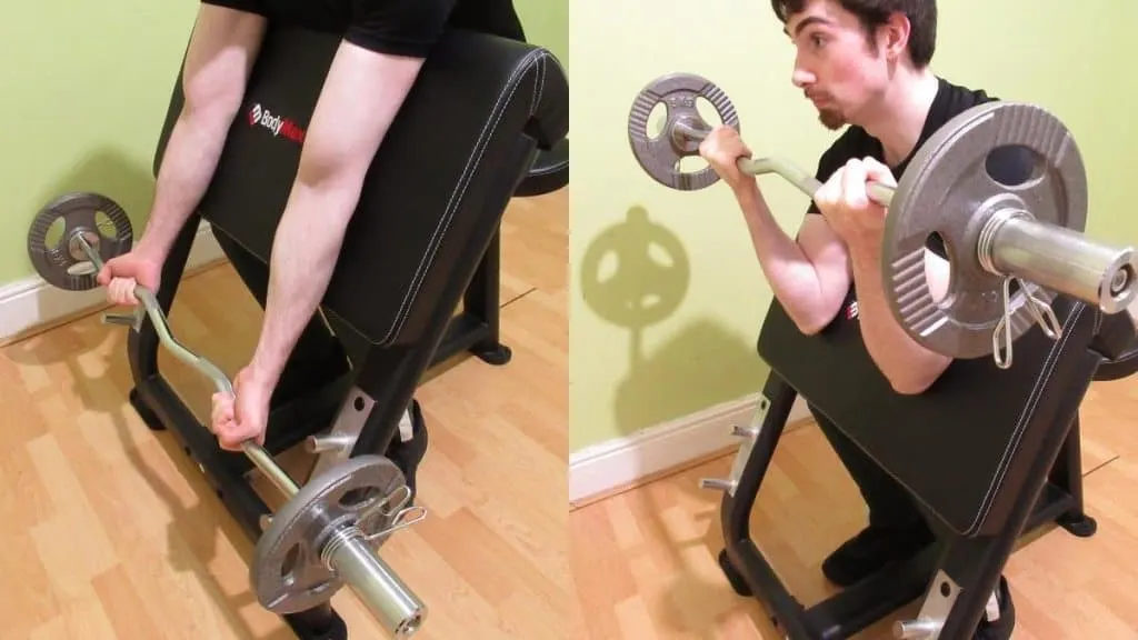 A man doing an EZ preacher curl workout for his biceps