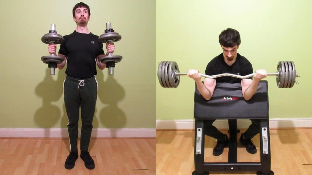 A weight lifter doing a preacher curls vs hammer curls comparison