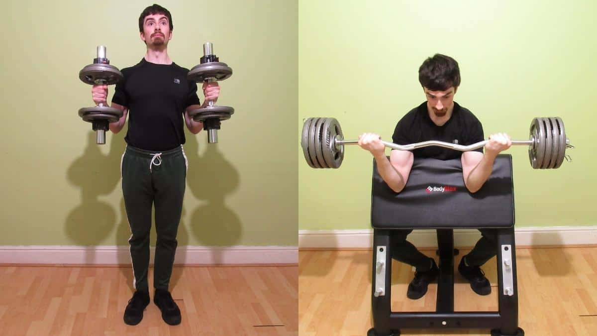 A weight lifter doing a preacher curls vs hammer curls comparison