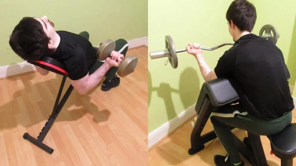 A man doing a preacher curls vs incline dumbbells curls comparison