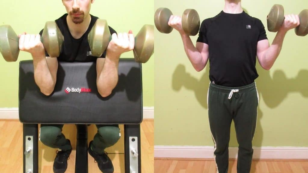 A man performing a preacher curls vs regular curls comparison to illustrate the differences