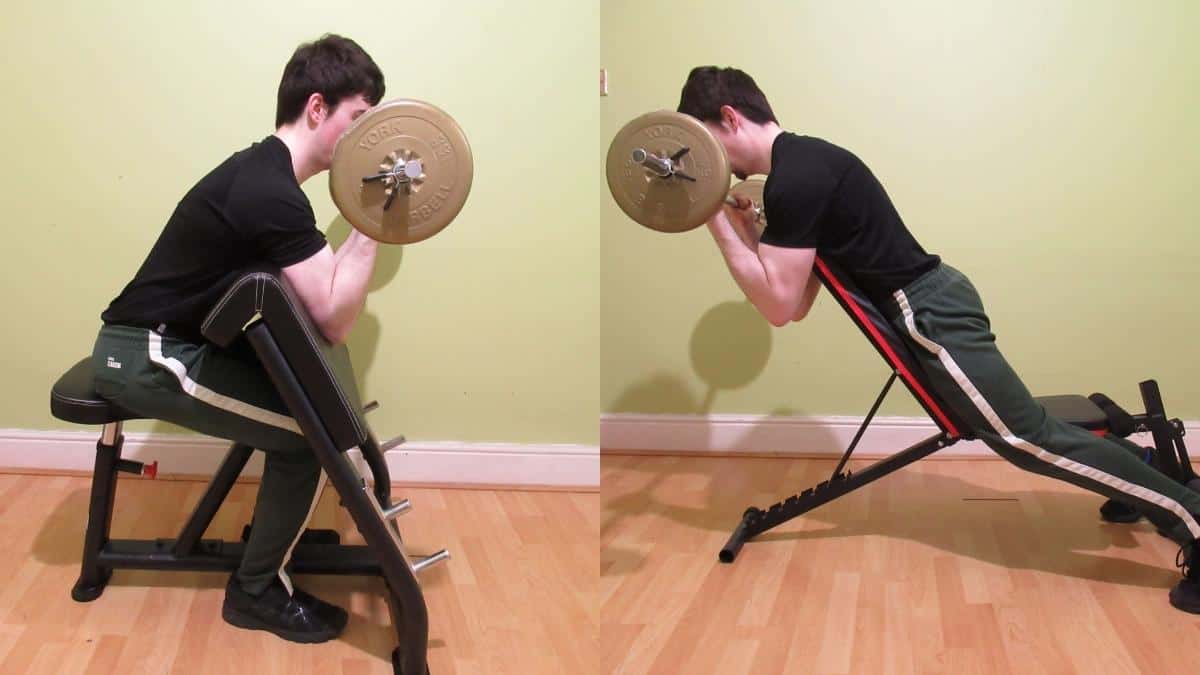 A weight lifter doing a side by side preacher curls vs spider curls comparison