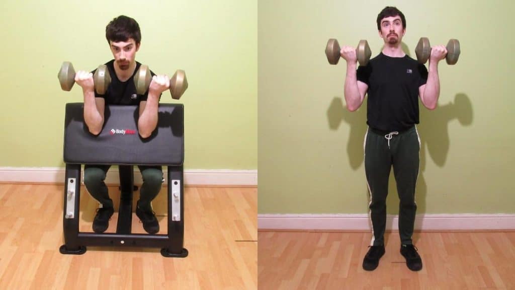 A man doing a preacher curls vs standing curls comparison to show the differences