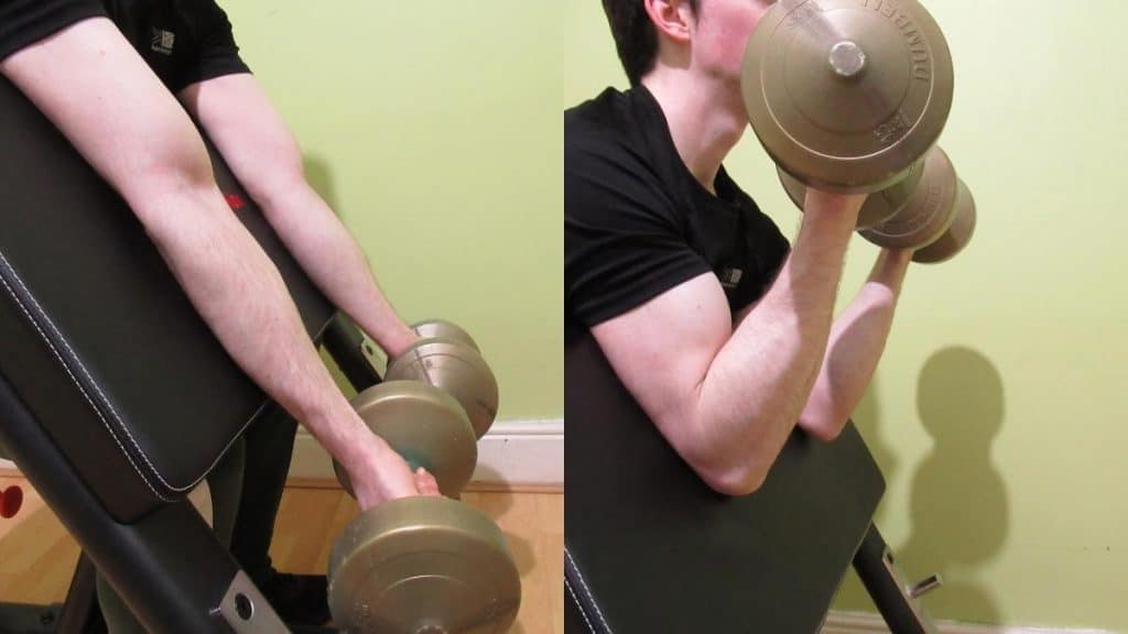 A man performing preacher dumbbell curls for his biceps