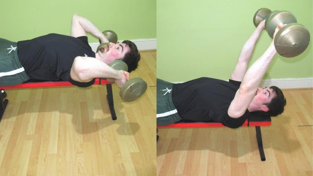 A man doing a pronated tricep extension with dumbbells