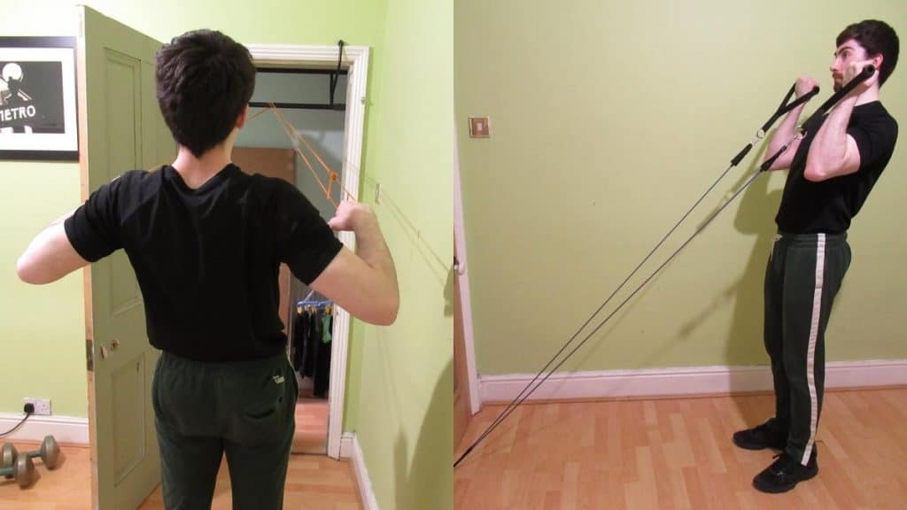 A man doing a resistance band back and bicep workout