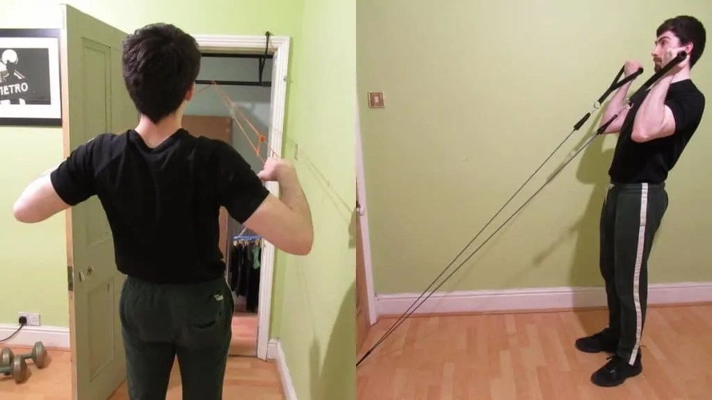 A man doing a resistance band back and bicep workout