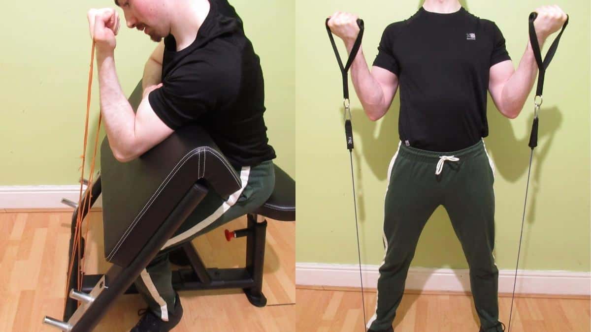 A weight lifter performing various exercises during his resistance band bicep workout