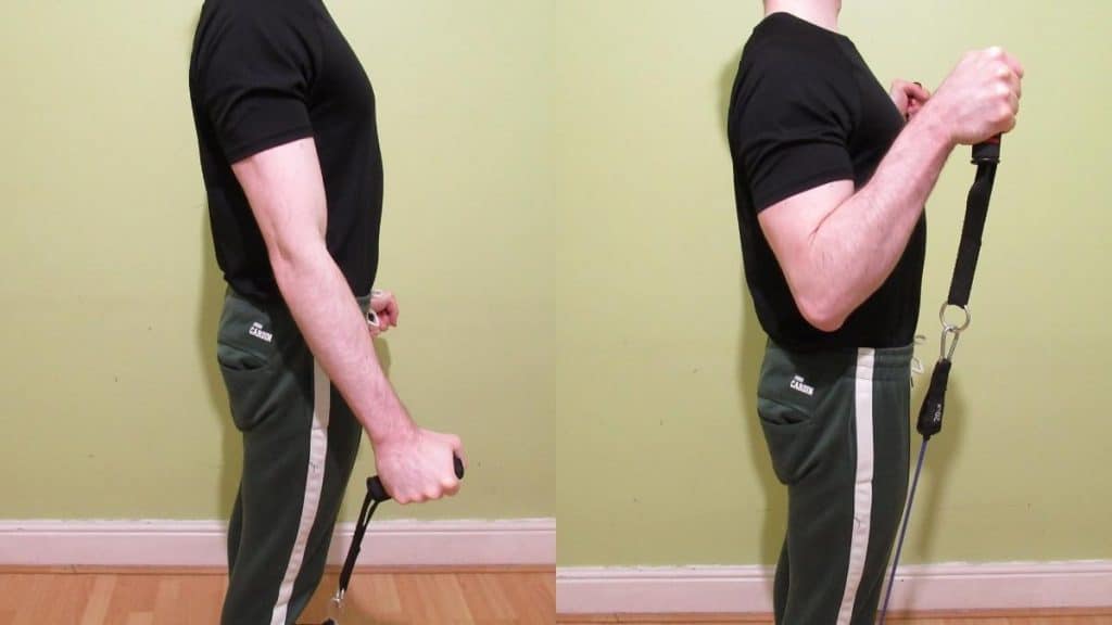 A man performing resistance band hammer curls