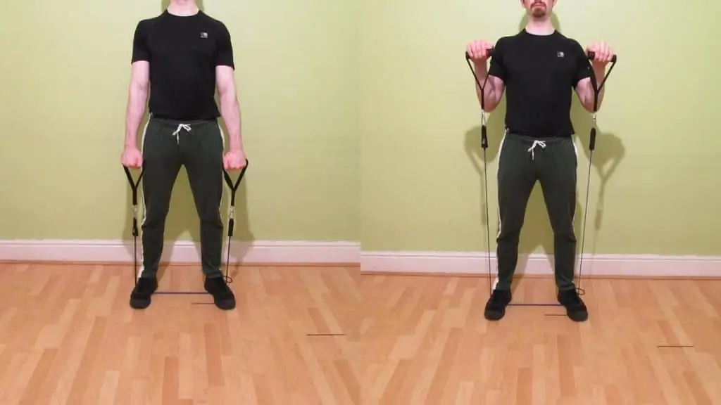 A man doing a resistance band reverse curl