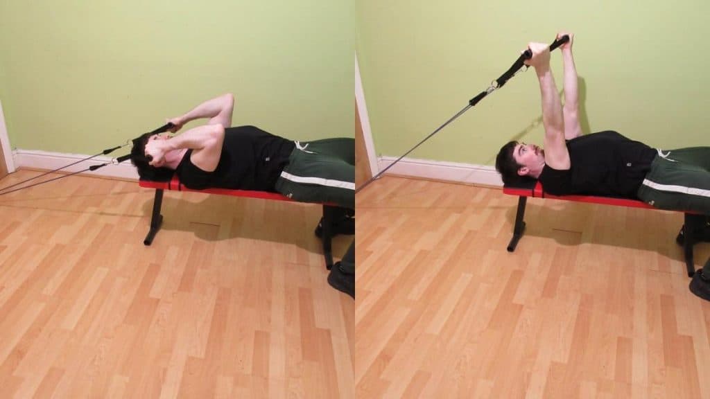 A man doing a resistance band reverse grip skull crusher
