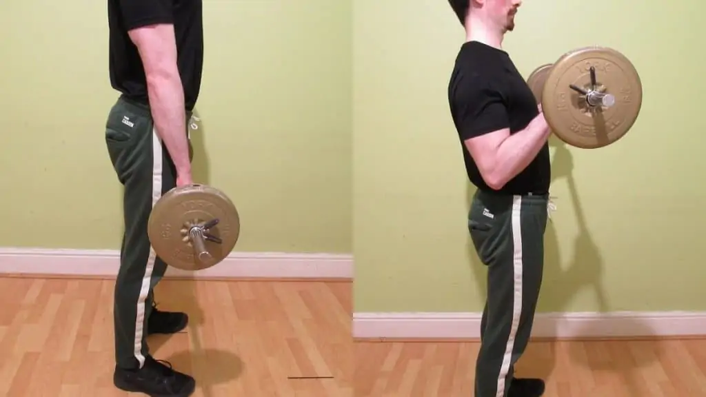 A man performing a reverse barbell curl for his biceps