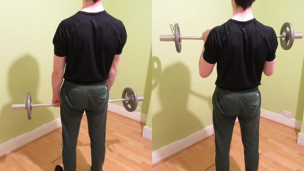 A man doing reverse EZ bar curls for his biceps