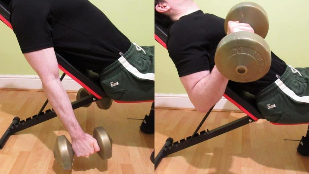 A man performing a reverse incline curl (aka an overhand incline curl)