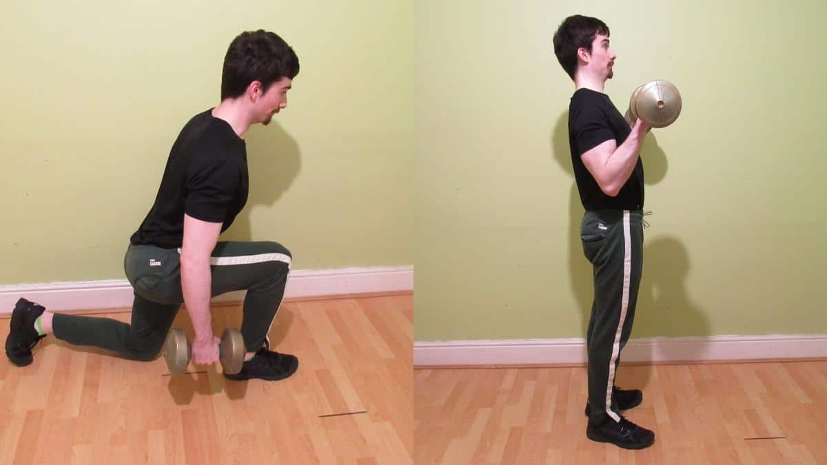 A man doing a reverse lunge curl for his biceps