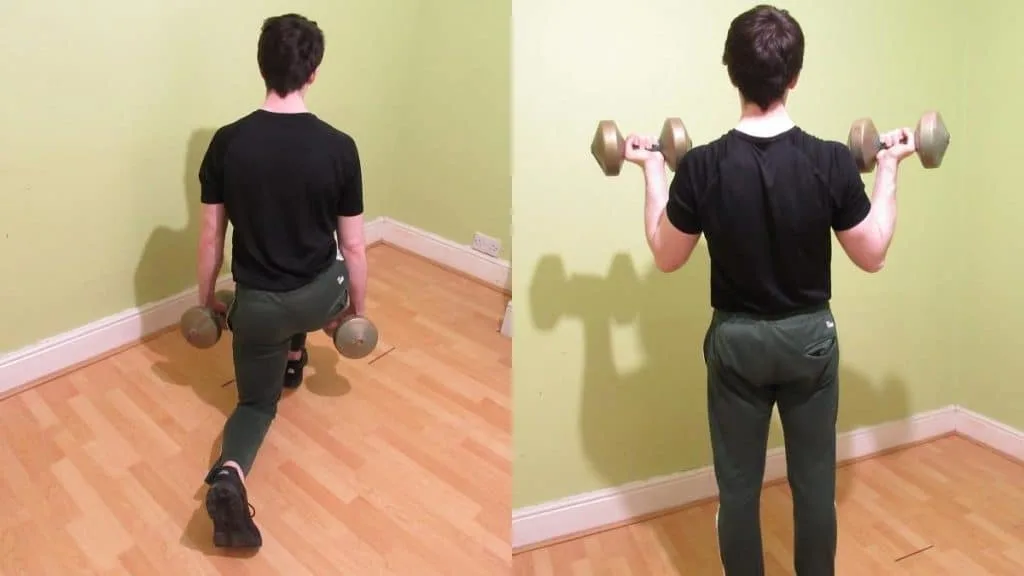 A man performing a reverse lunge to bicep curl