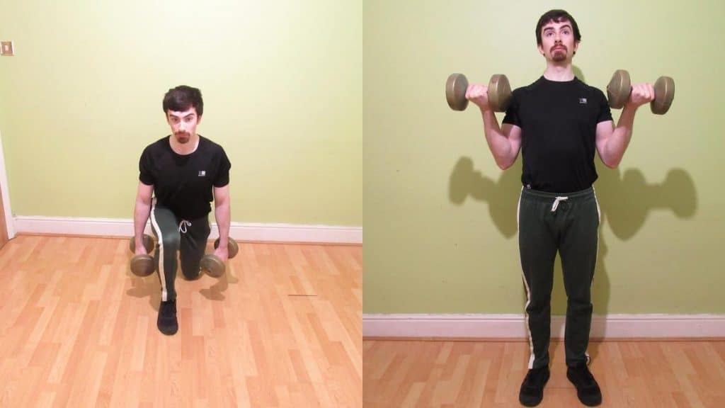 A man doing a reverse lunge with a bicep curl
