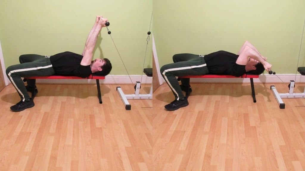 A man doing a reverse lying cable extension for his triceps