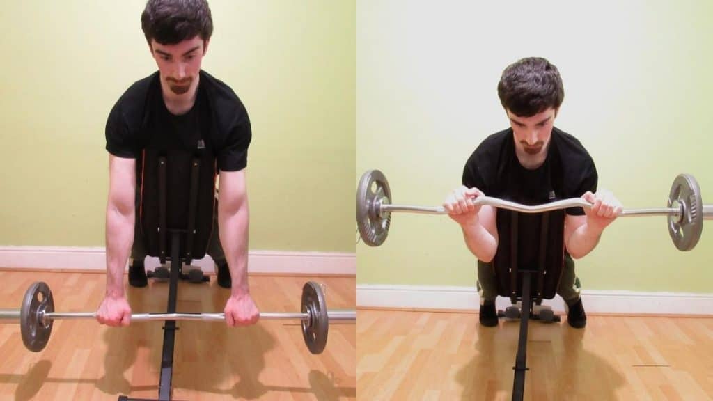 A man doing a reverse spider curl (aka a pronated spider curl)