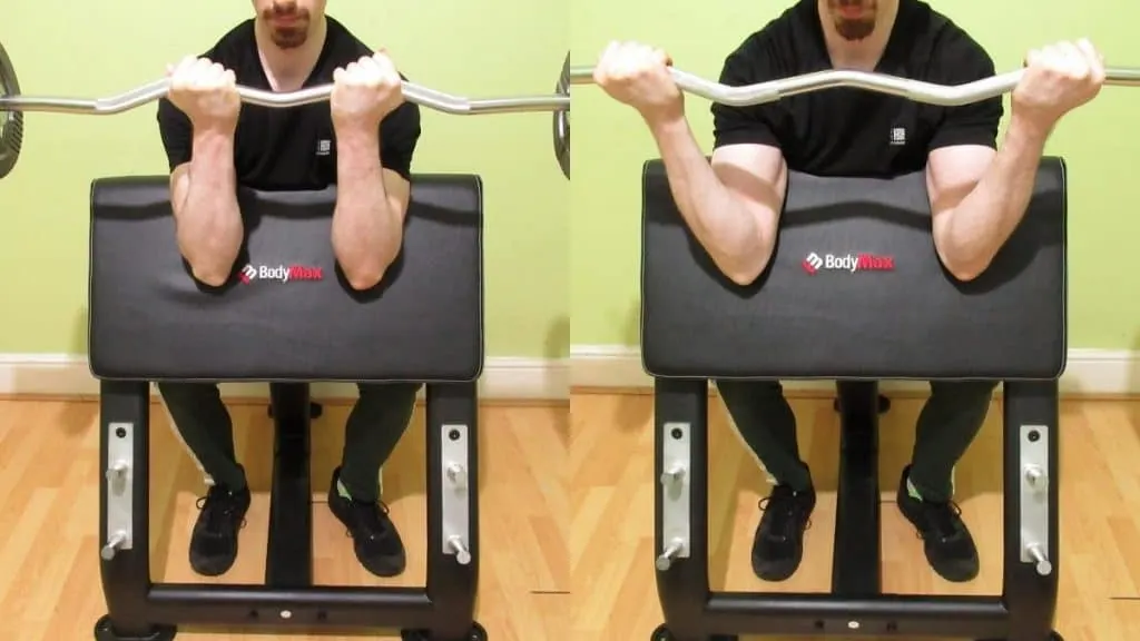 A man doing a Scott curl vs preacher curl comparison to show the differences