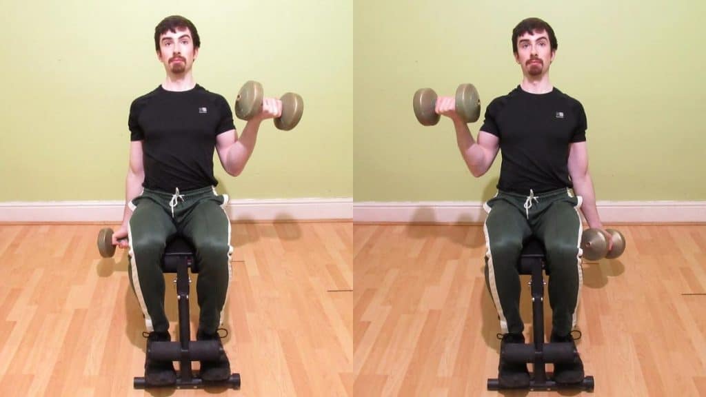 A man doing a seated alternating dumbbell curl for his biceps
