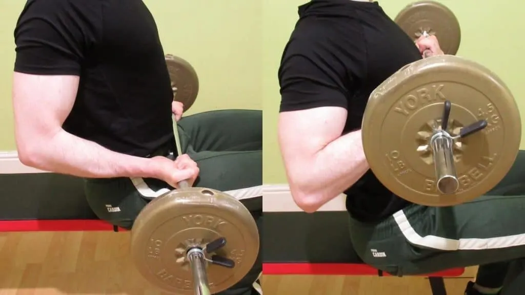 A man performing a seated barbell biceps curl