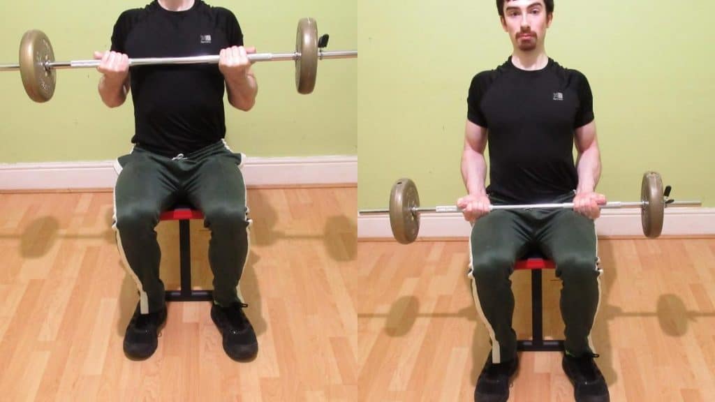 A man doing a seated barbell curl for his biceps