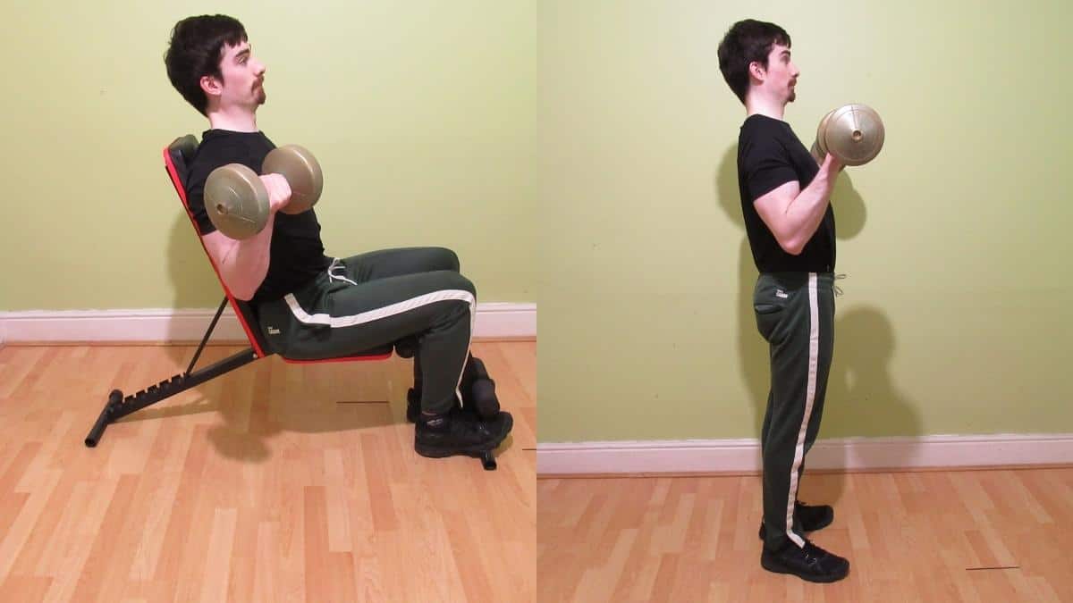 A weight lifter doing a seated bicep curl vs standing curl comparison to show the differences