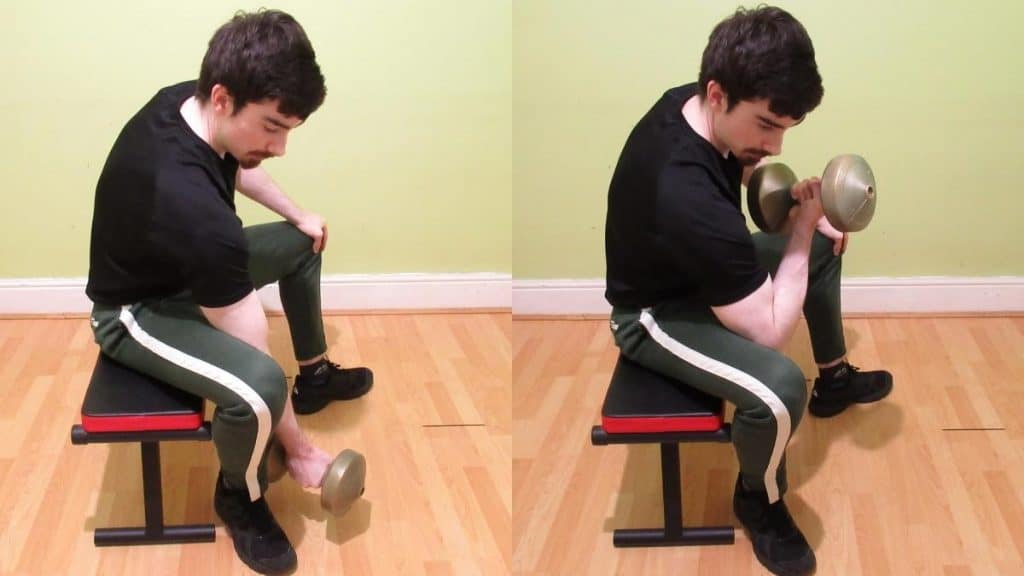 A man doing some seated concentration curls to work his biceps