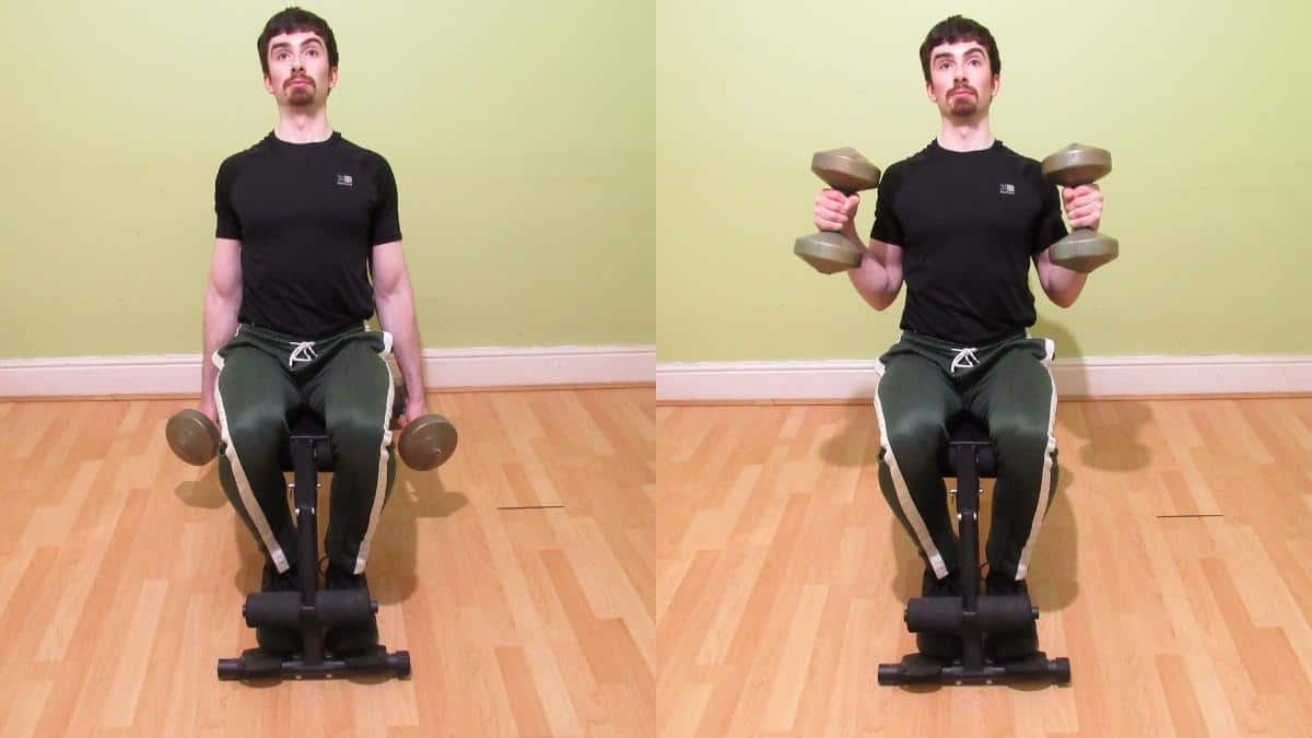 A man doing seated dumbbell hammer curls