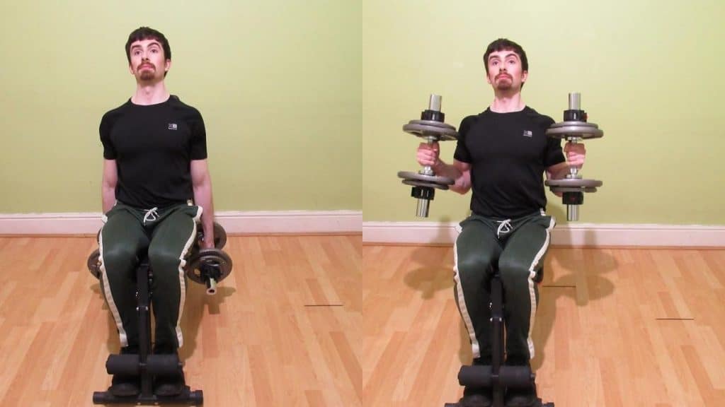 A man doing seated hammer curls with dumbbells