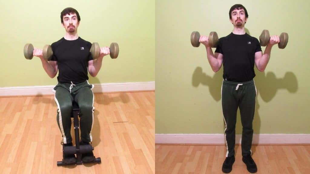 A man performing a seated vs standing dumbbell curls comparison