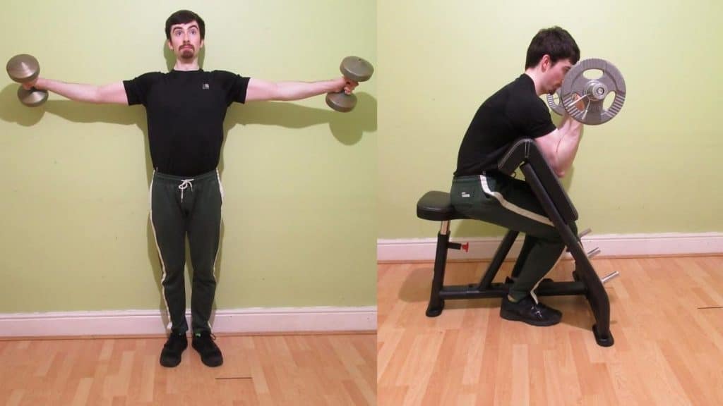 A man performing a shoulder and biceps workout routine